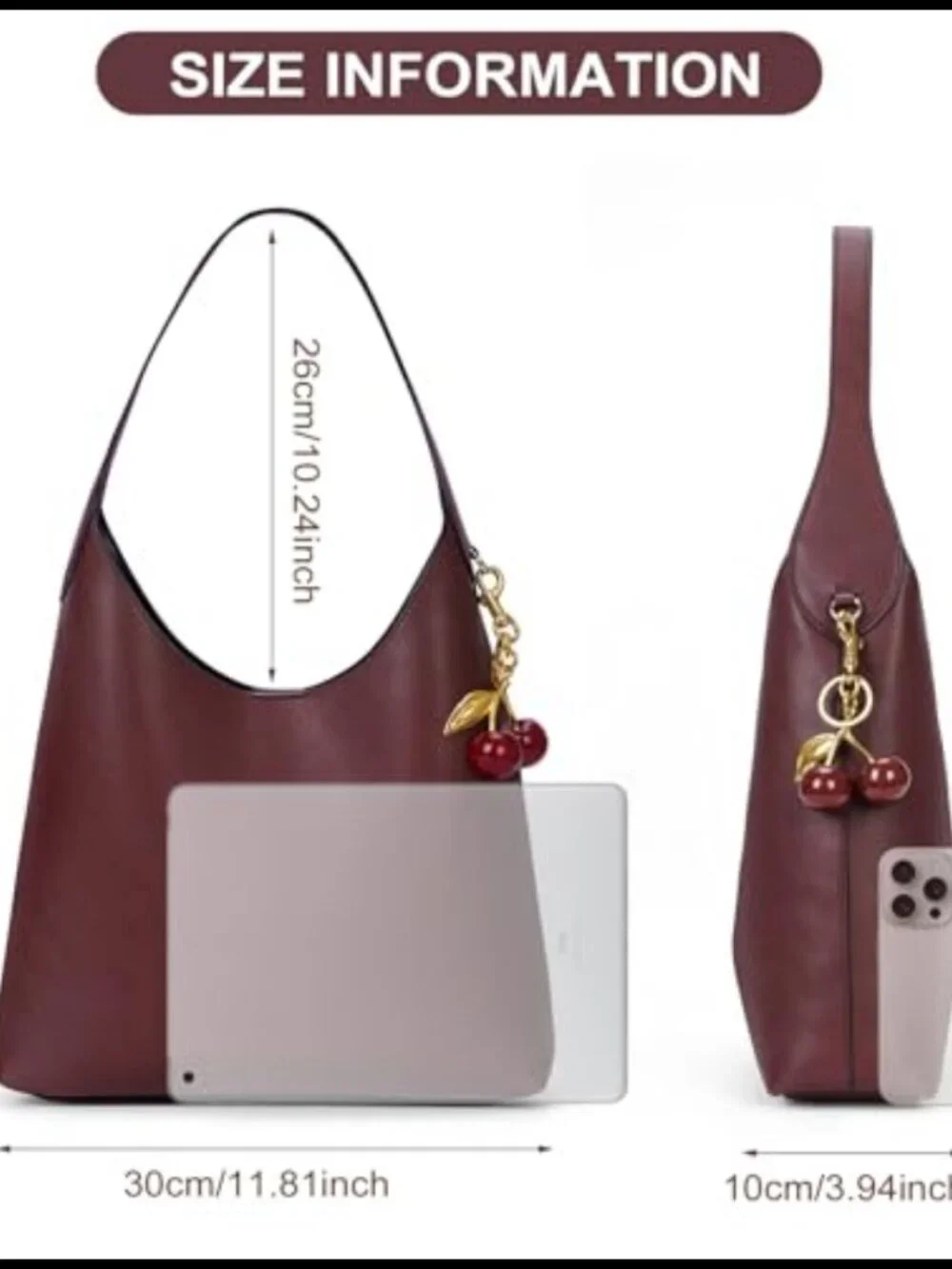 Faux Suede Hobo Bag Vegan Leather Shoulder Tote Cherry Charm Slouchy Purse